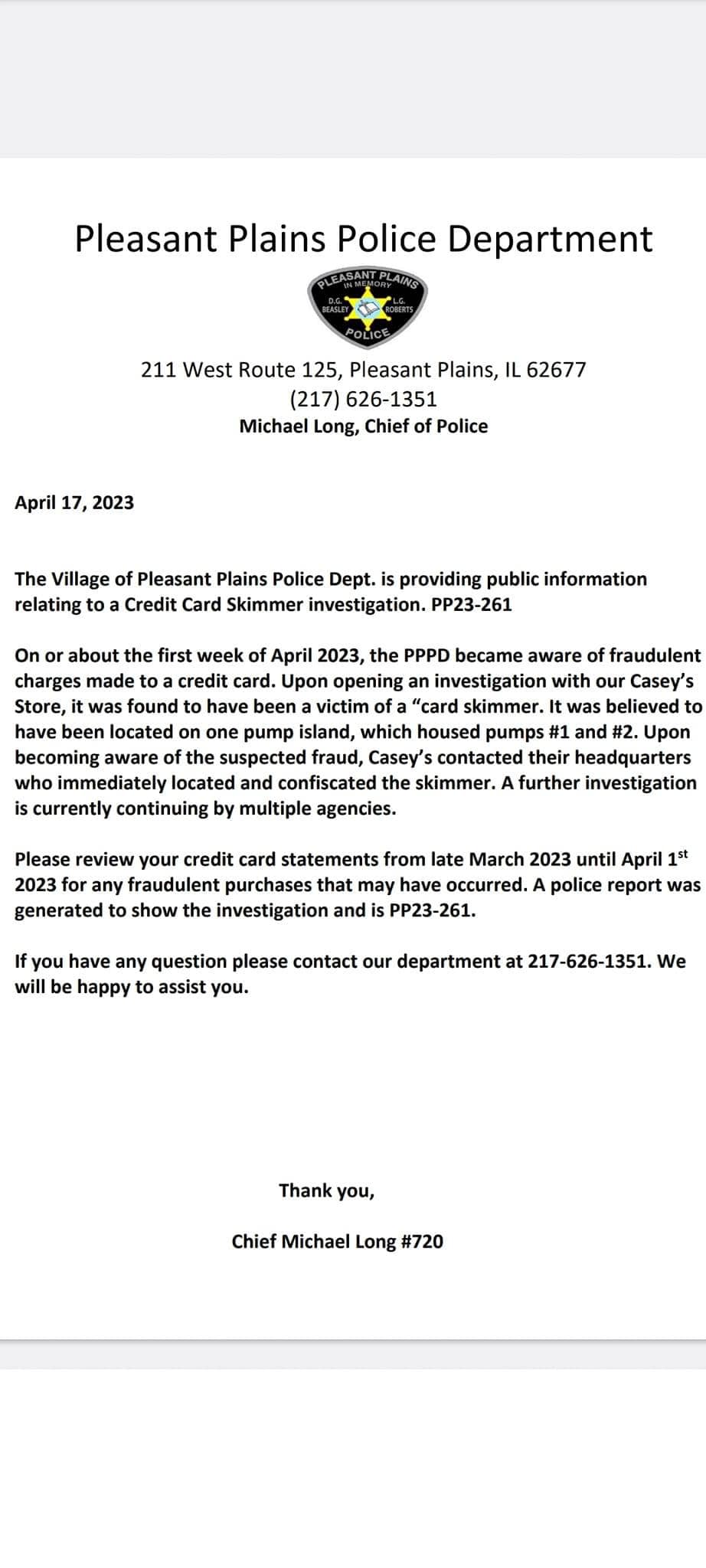 Pleasant Plains Police Report Card Skimmer at Local Casey’s WLDS